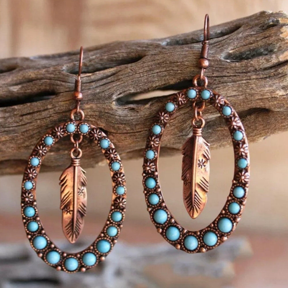 Feather Hoop Earrings. Oval Flower Floral Copper Color Boho Cowgirl Western - Picture 1 of 9